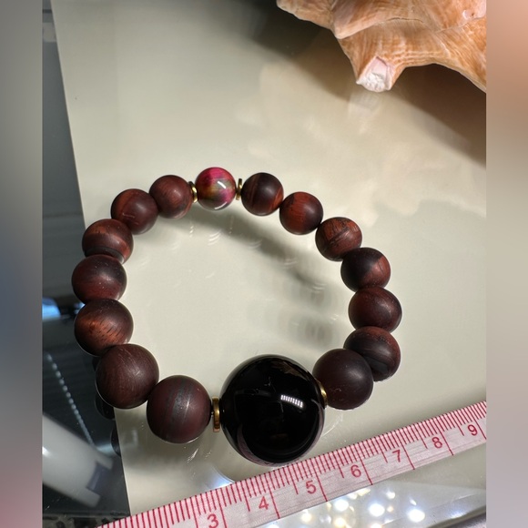 MATTE RED TIGERS EYE + ONYX NATURAL STONES BRACELET size 7” - Picture 9 of 11